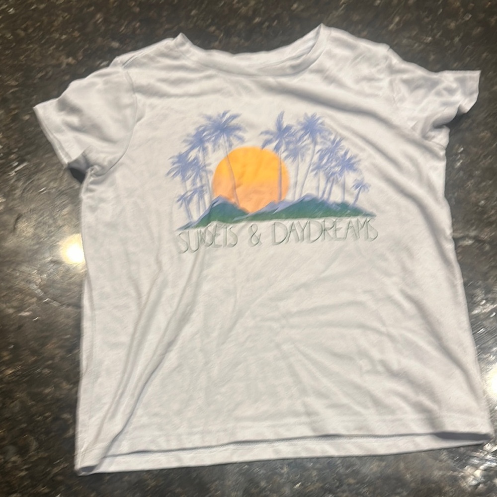 White Kids T-Shirt with Sunset Print